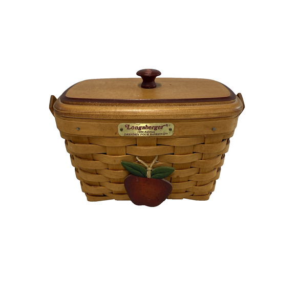 1996 Longaberger Dresden Tour Basket w/Lid & Apple Tie-On 7"L x 3.5"W x 4.75"H - Picture 1 of 5